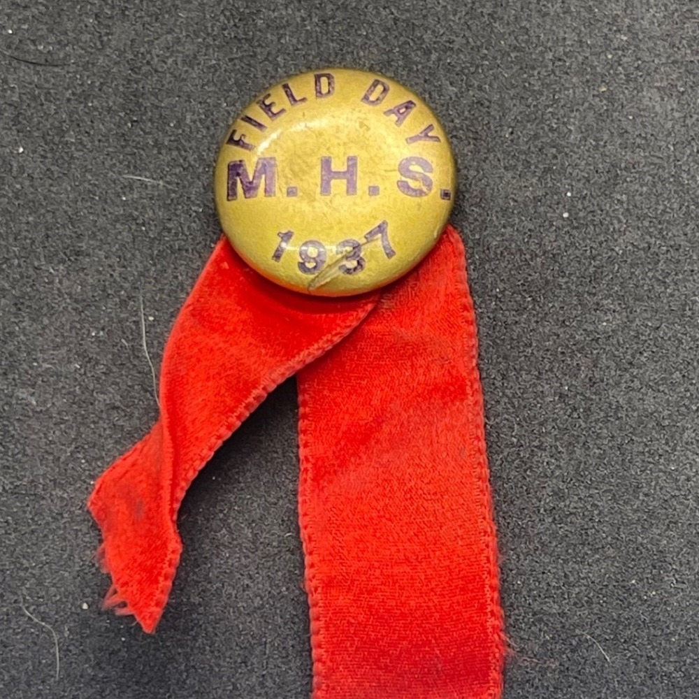 Vintage 1937 M.H.S. Field Day Pinback Button with Red Ribbon High School Award